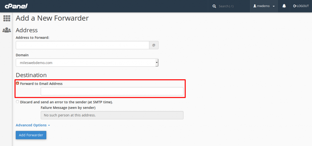 cPanel Forwarder Email Address