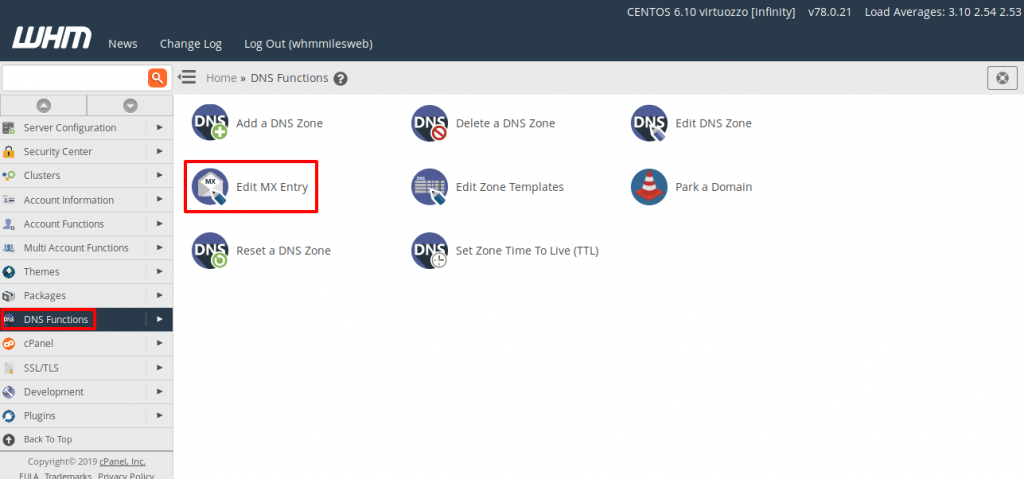 WHM DNS Functions Edit MX Entry