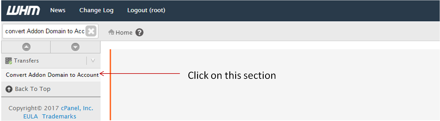 WHM Convert Add On Domain to Account Search