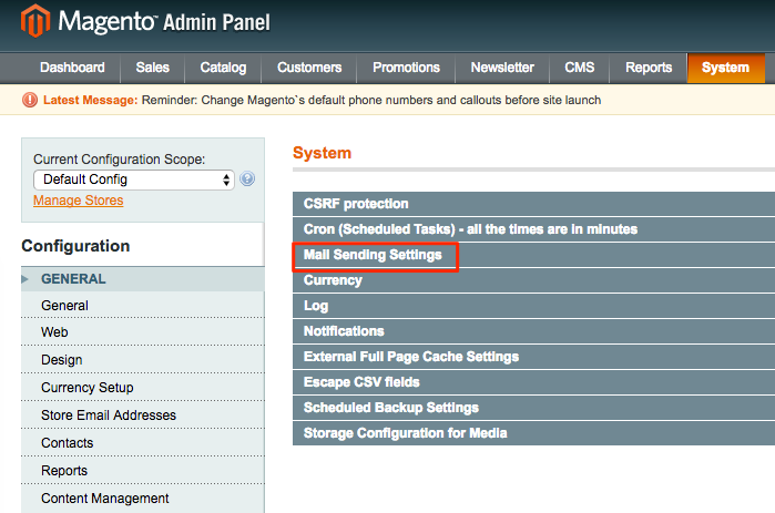 Figure 3. System section; Mail Sending Settings.