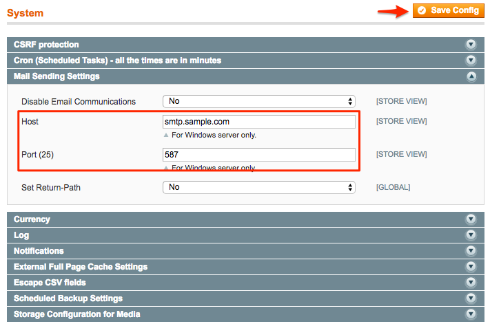 Figure 4. Mail Sending Settings; Host sample entry and Port 587.