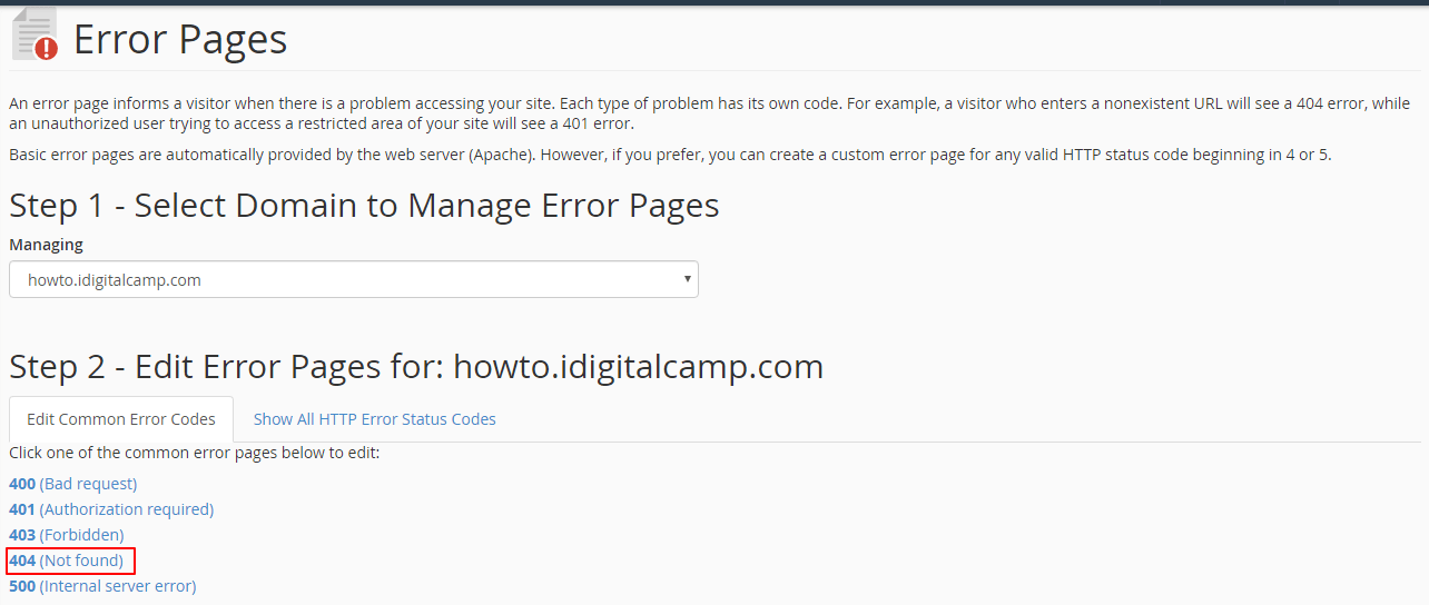 cPanel - Error Pages (404)