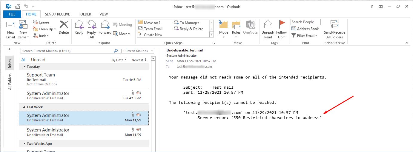 Fix "Server error: '550 Restricted characters in address'" in Outlook