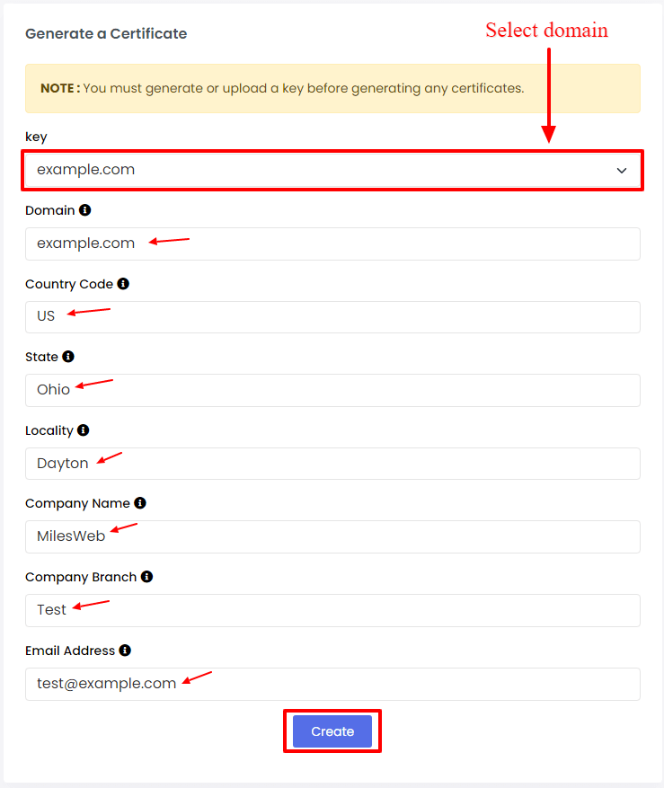 details to create/generate ssl certificate in webuzo