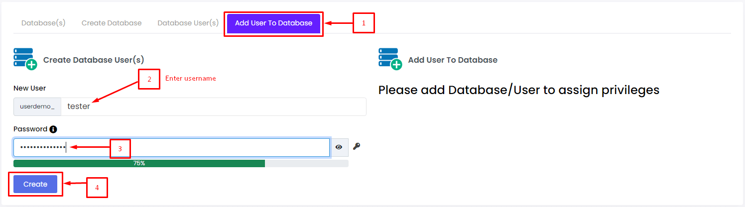 add/ create a database user in Webuzo