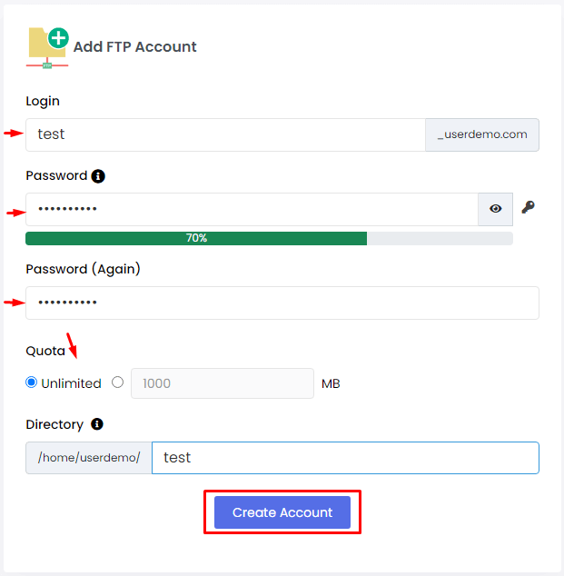 create a new ftp account in webuzo