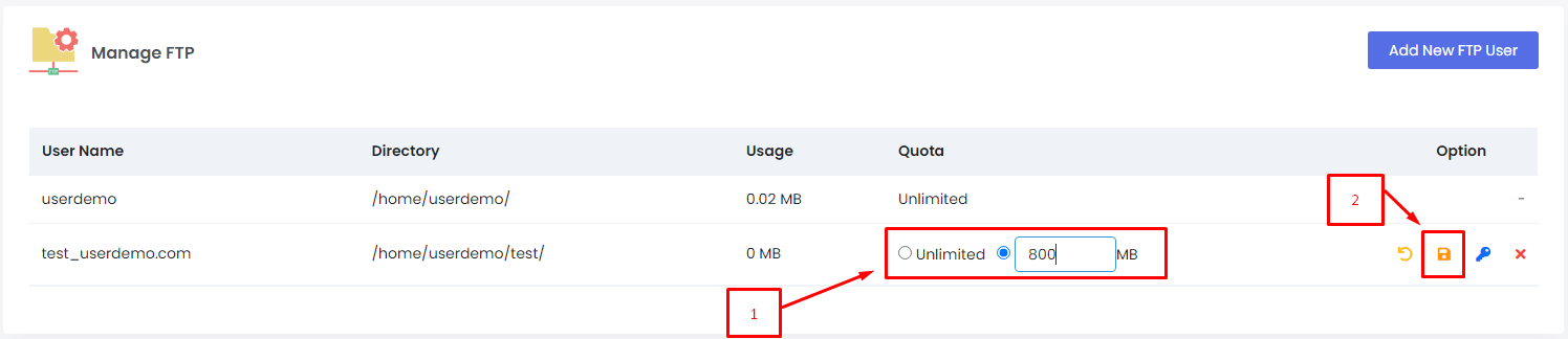 change the quota for ftp account in webuzo