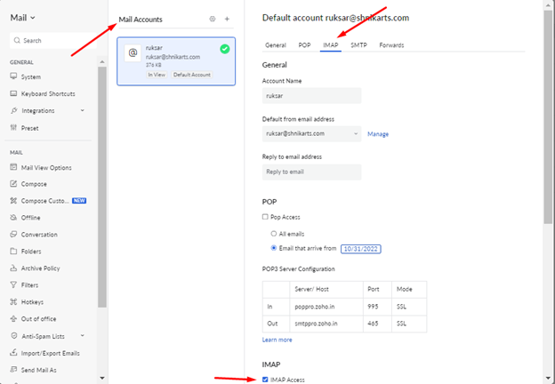 IMAP Access from the Zoho Panel