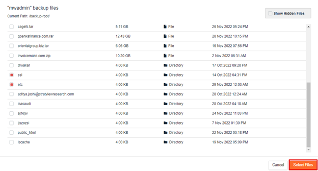 select jetbackup5 files