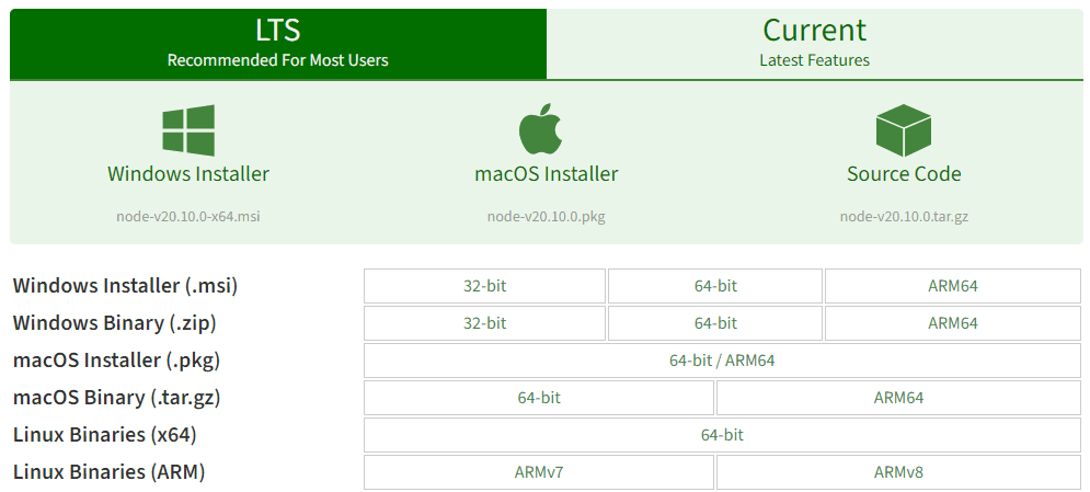 Downloading the Node.js ‘.msi’ installer