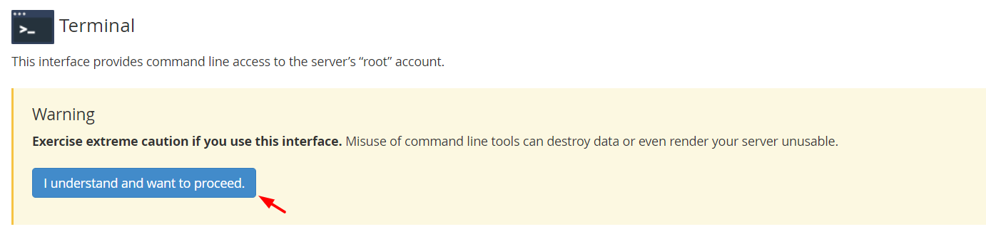 Screenshot: Warning: The root user can change or delete anything on the server. Do not paste commands