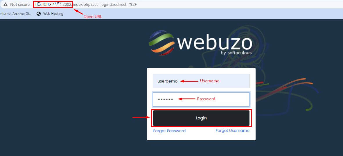 Screenshot: Open the address, type the login and click Login.