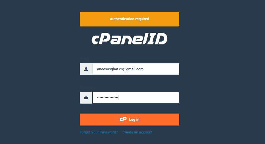 The cPanel login page