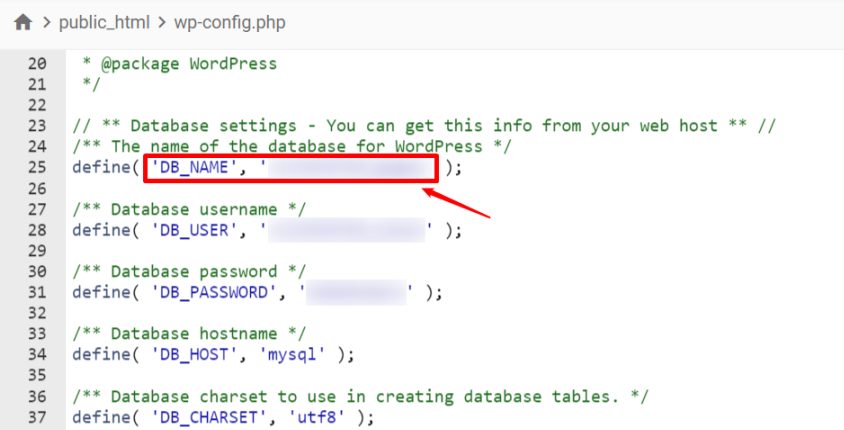 The database name inside wp-config.php