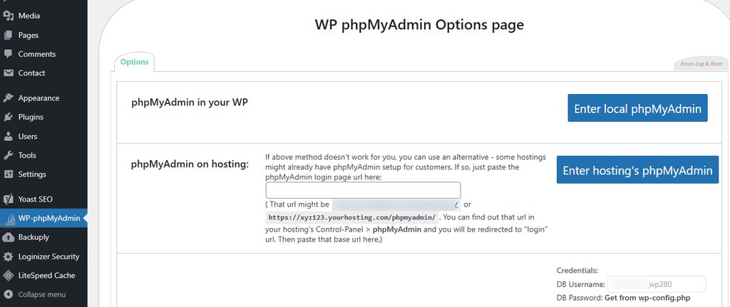 The button that opens phpMyAdmin