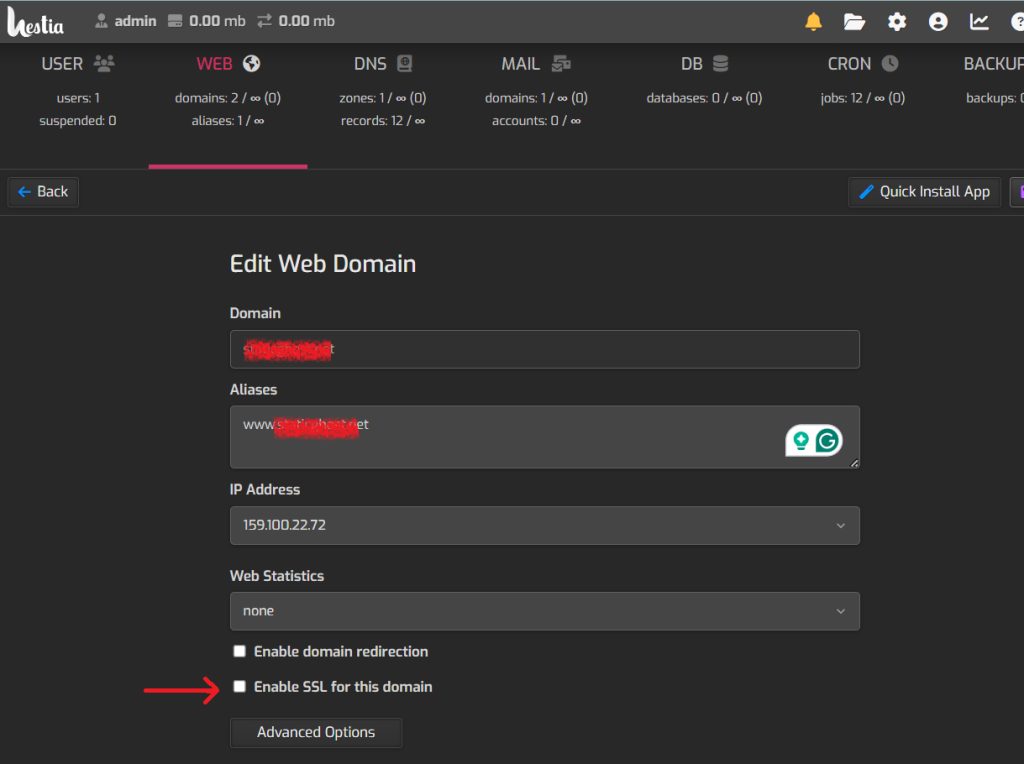 The Web section with the domain list