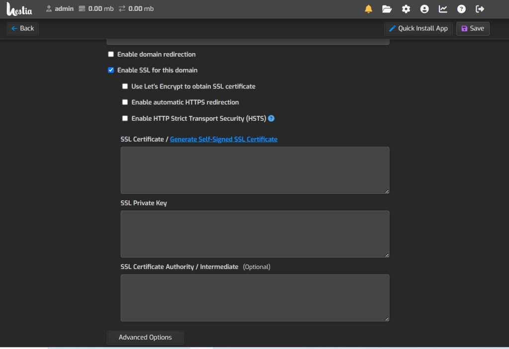The SSL option on the Edit Web Domain page