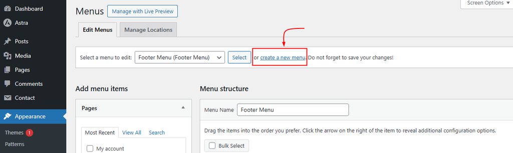 The create a new menu link