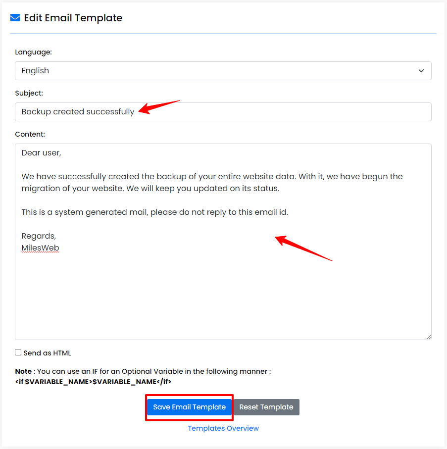 Screenshot: A template is a ready-made automatic email.