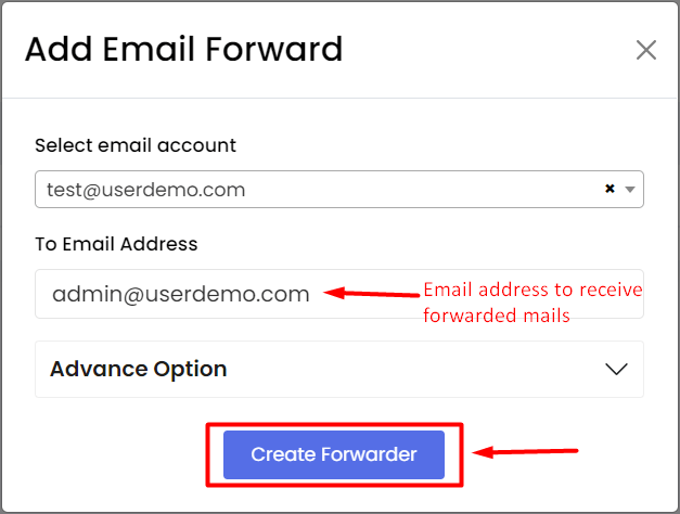 Screenshot: A forwarder sends mail from one address to another.