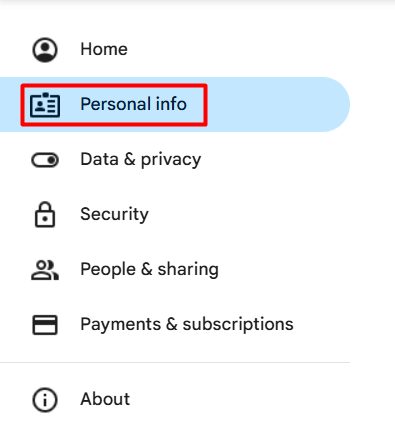 Personal info in the Google account page