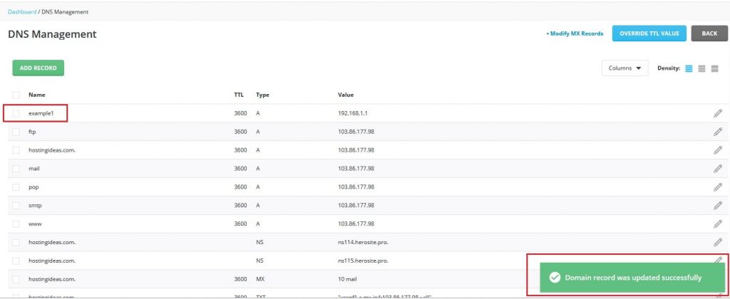 Screenshot: Add, edit or delete records, then wait for DNS to spread.