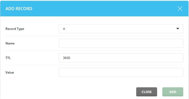 Screenshot: Find the form to add a record. Pick the type: A, CNAME, MX or TXT.