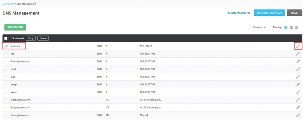 Screenshot: Use DNS Management in DirectAdmin.