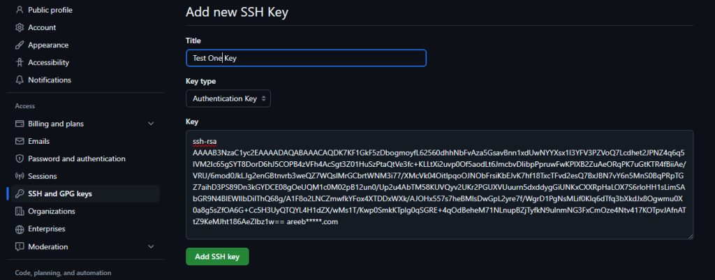 Adding the key on GitHub