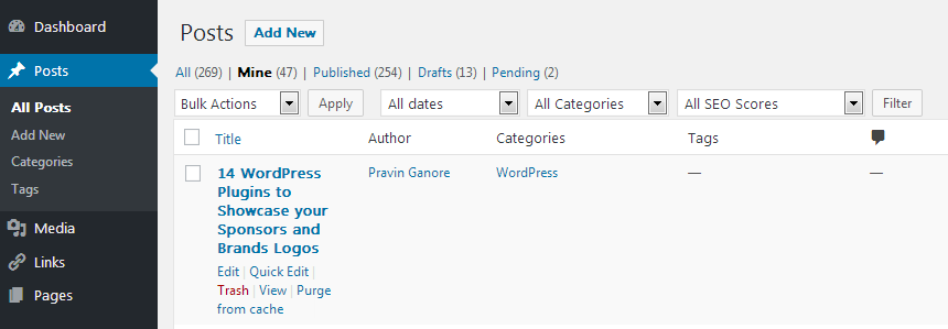Screenshot: Open the post you want to edit, or click Add New to start a new one.