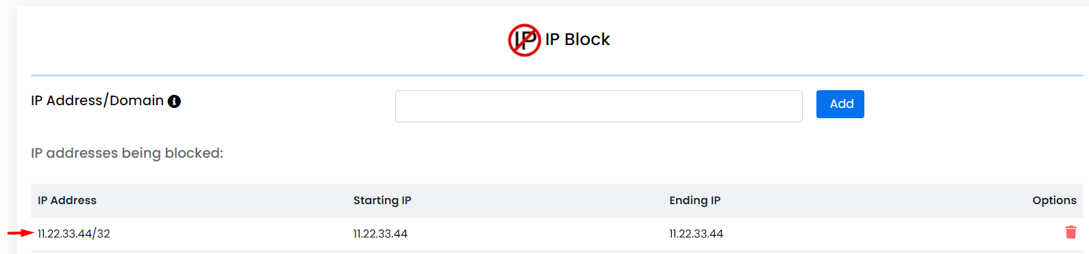 Screenshot: Use the IP blocker tool in Webuzo to add the bad address.