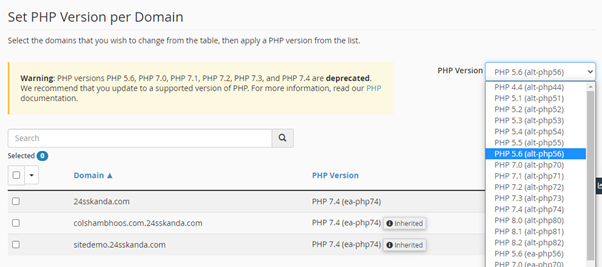 set php version per domain