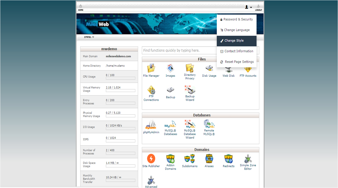 Screenshot: Open the user menu at the top right and click Change Style .