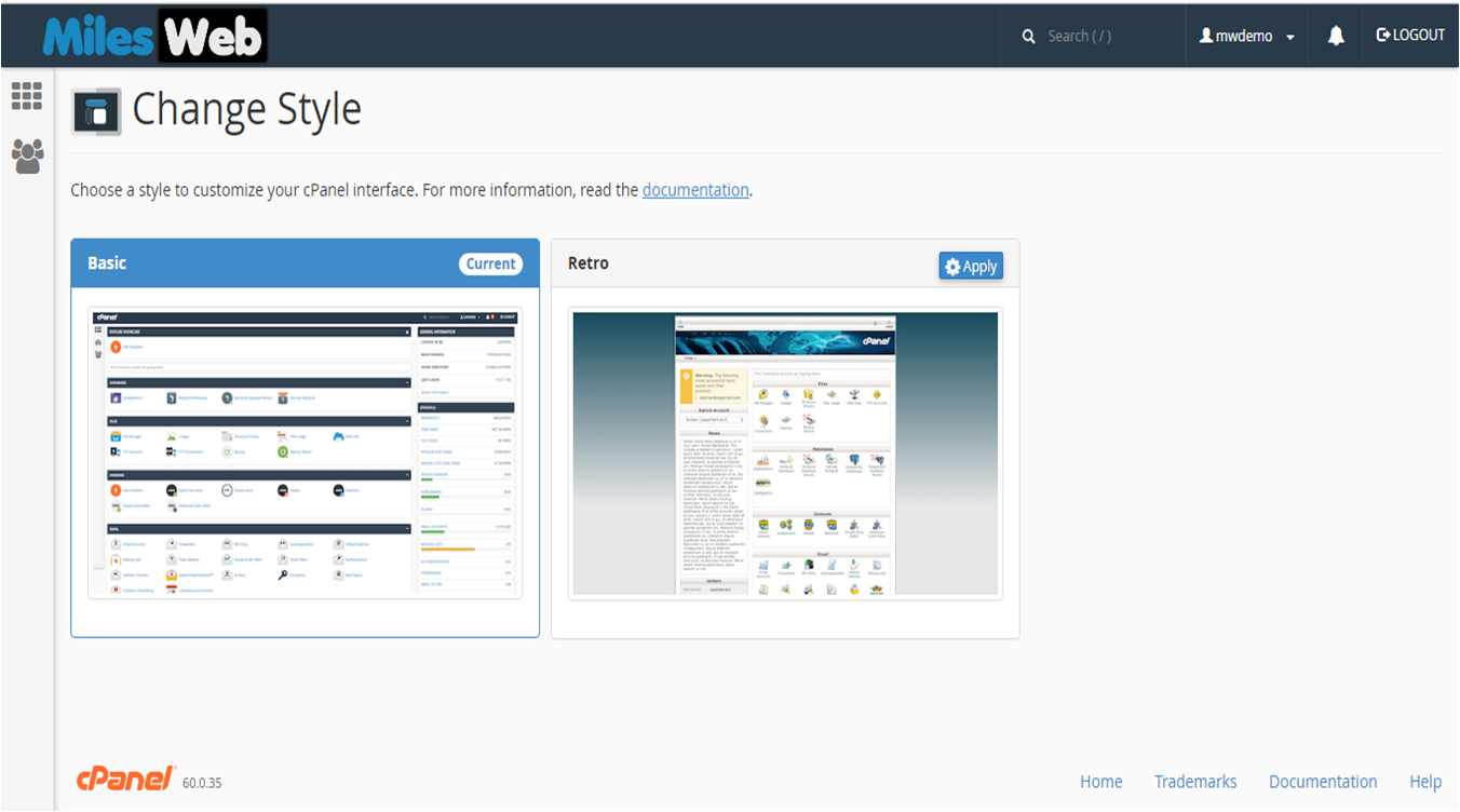 Screenshot: Open the user menu at the top right and click Change Style .