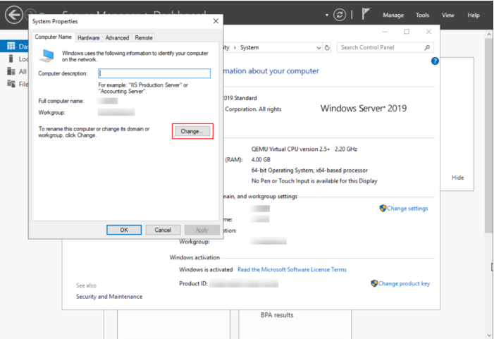 Screenshot: Type the new name in Computer name .