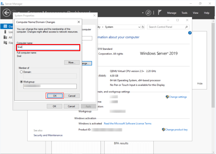 Screenshot: Type the new name in Computer name .