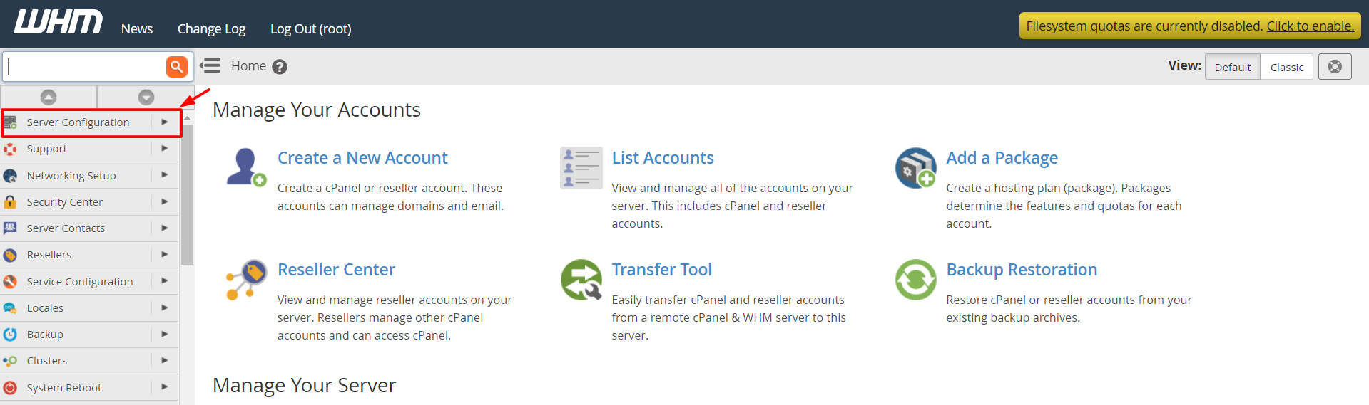 Screenshot: Log in to WHM. The address is usually your server's IP address or host name followed by :2