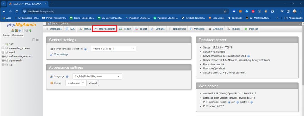 The user accounts tab in phpMyAdmin
