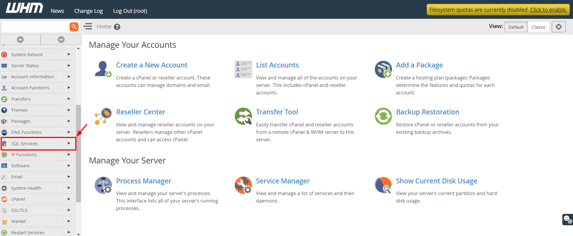 Screenshot: In the search box at the top left, type MySQL Root Password .