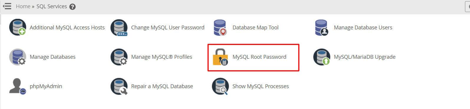 Screenshot: Click MySQL Root Password in the results.