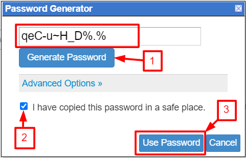 Screenshot: WHM has a Password Generator button. It makes a random password for you. Save it in a pass