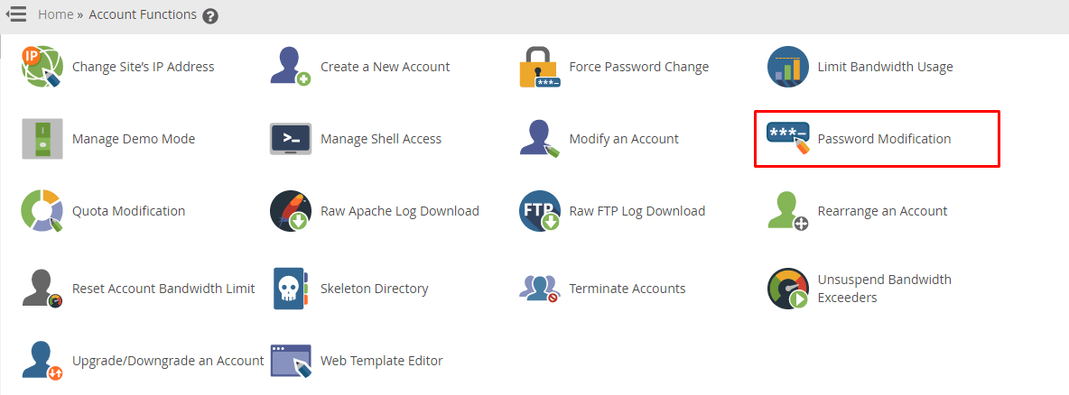 Screenshot: Search WHM for Password Modification .