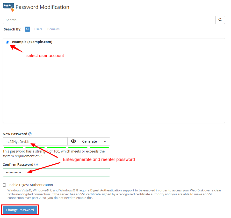 Screenshot: Search WHM for Password Modification .
