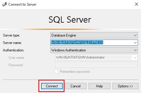 Screenshot: Choose Windows Authentication and click Connect . Use a Windows account that has admin rig