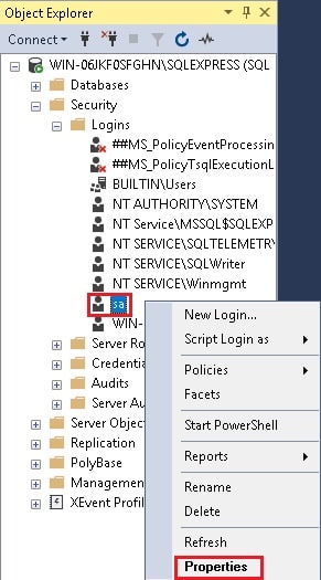 Screenshot: Right-click sa and choose Properties .