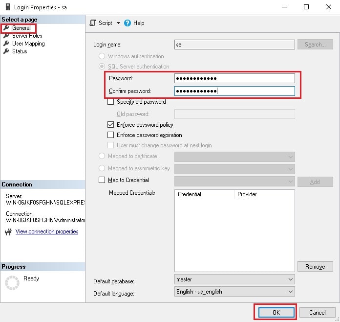 Screenshot: Choose Properties and type the new password twice.