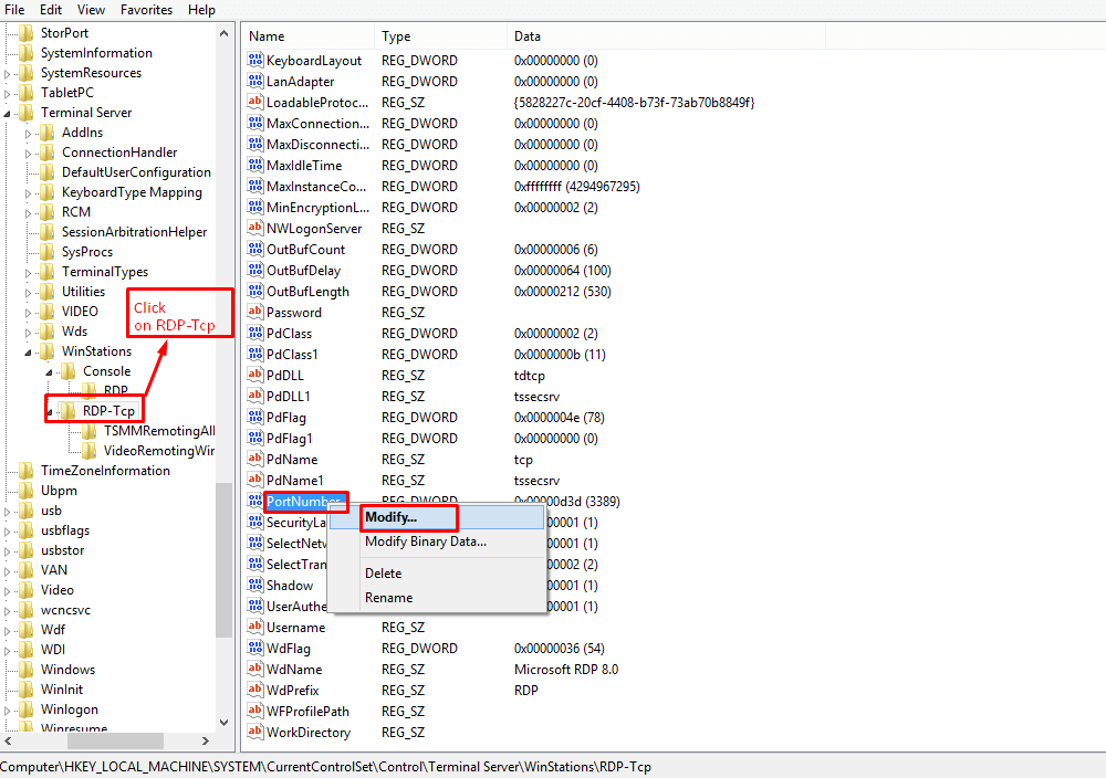 Screenshot: In the right pane, double-click PortNumber .