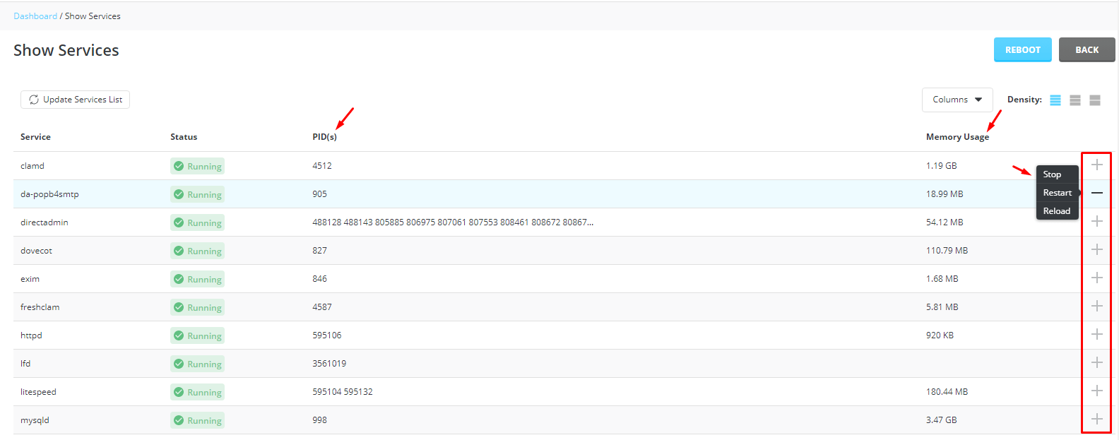 Screenshot: This stops and starts the service again. Visitors may see a short pause. Restart at a quie