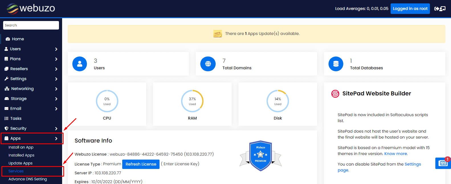 Screenshot: Stay on the services page.