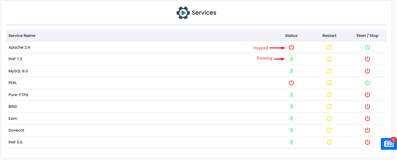 Screenshot: The first line shows if the web server is running. The second restarts it. The service nam